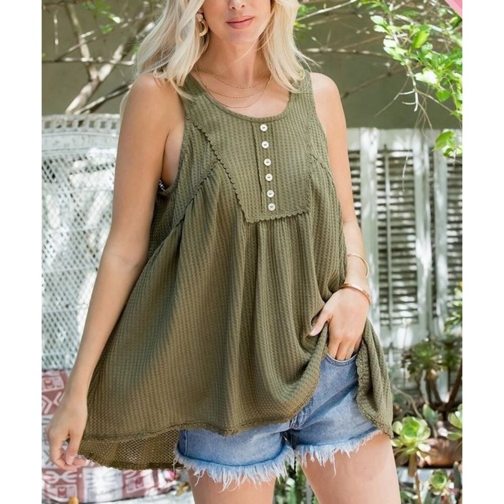 NWOT Sweet Lovely by Jen, Sage green waffle knit Lace trim babydoll tank 3X